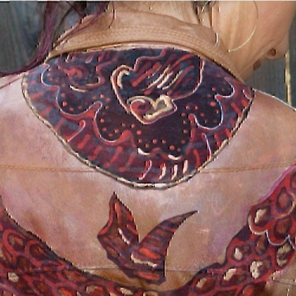 Vintage camel leather jacket, phantom quartz, hand painted, red, Phoenix sz L